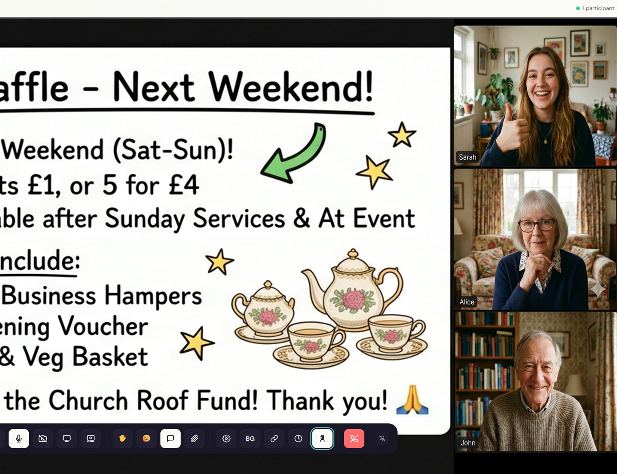 A church fundraising group planning a raffle on a video call